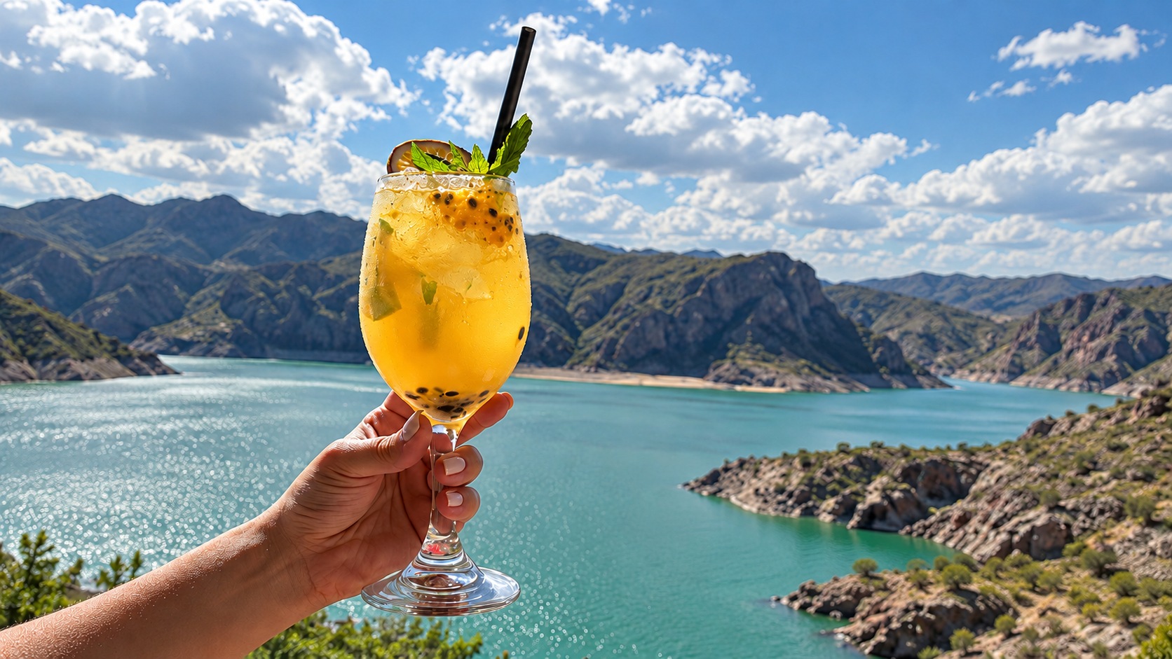 Copa de cóctel con vista al lago y las montañas