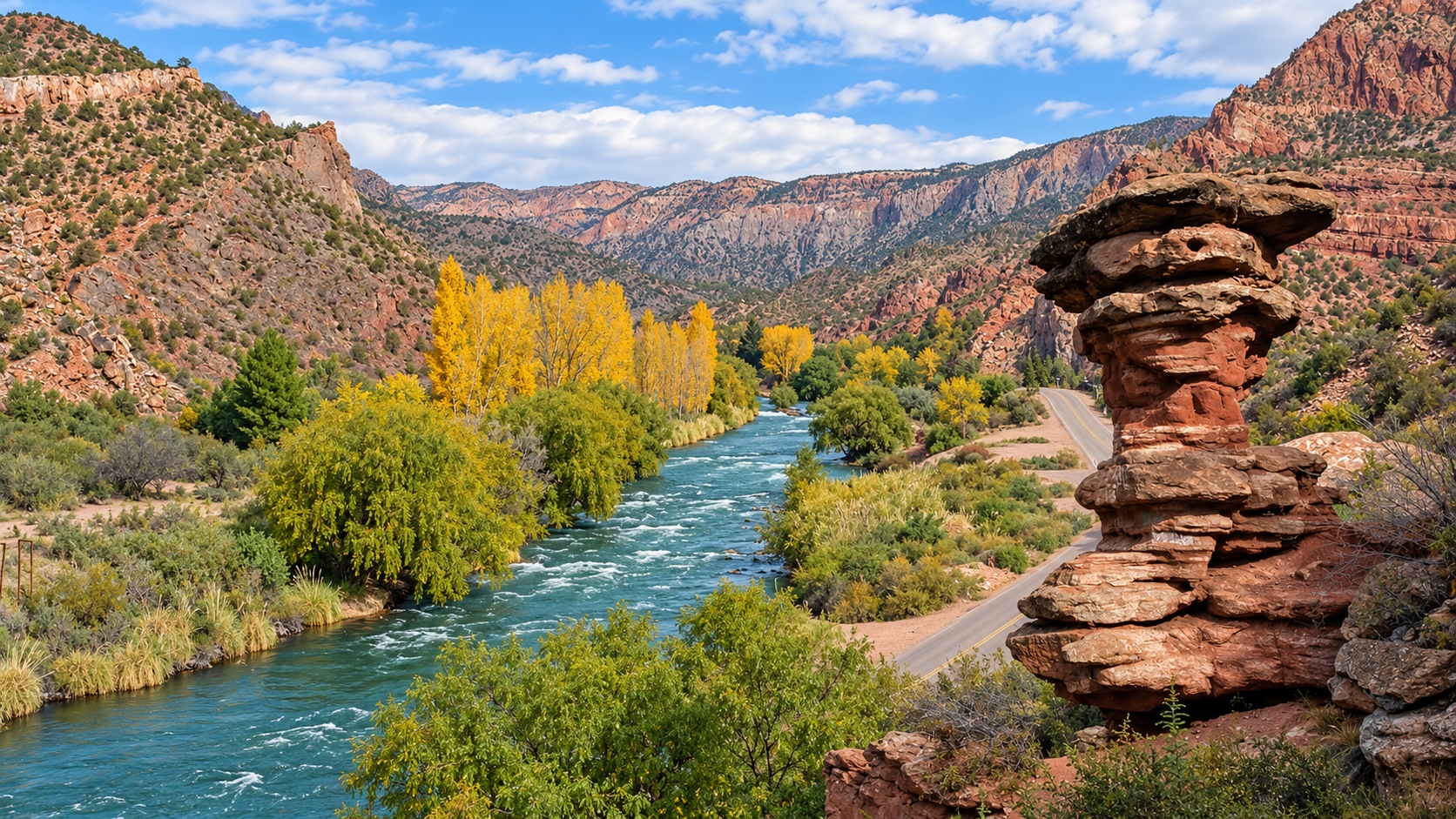 Formación rocosa junto al río Atuel y árboles de otoño