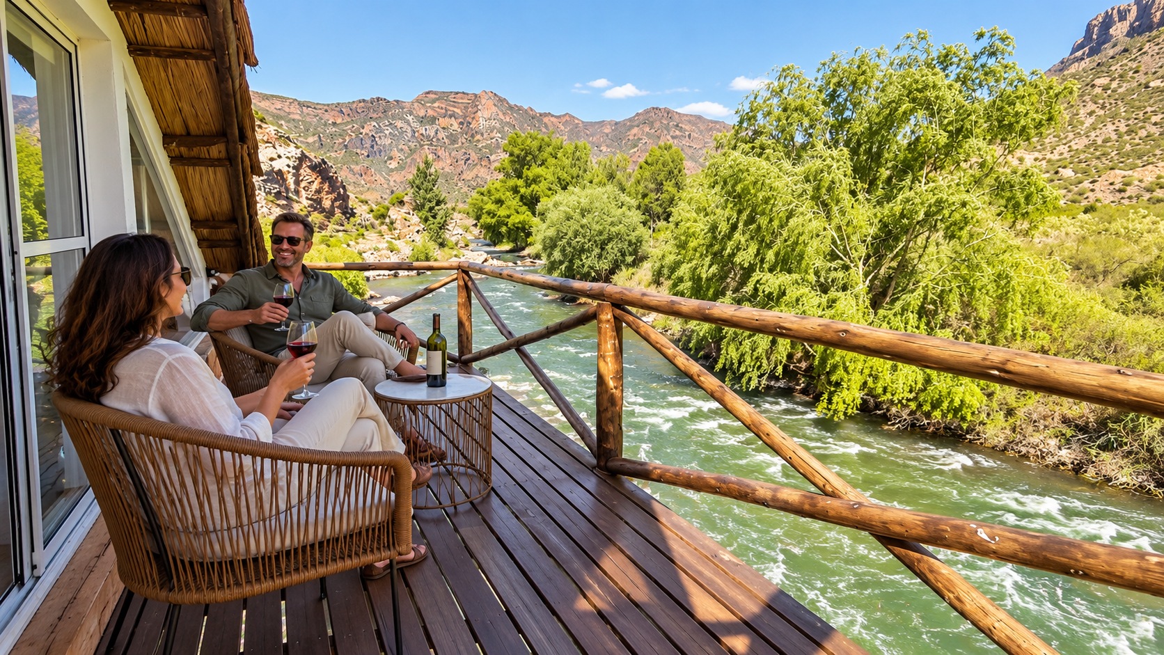 Pareja disfrutando de vino en un balcón junto al río