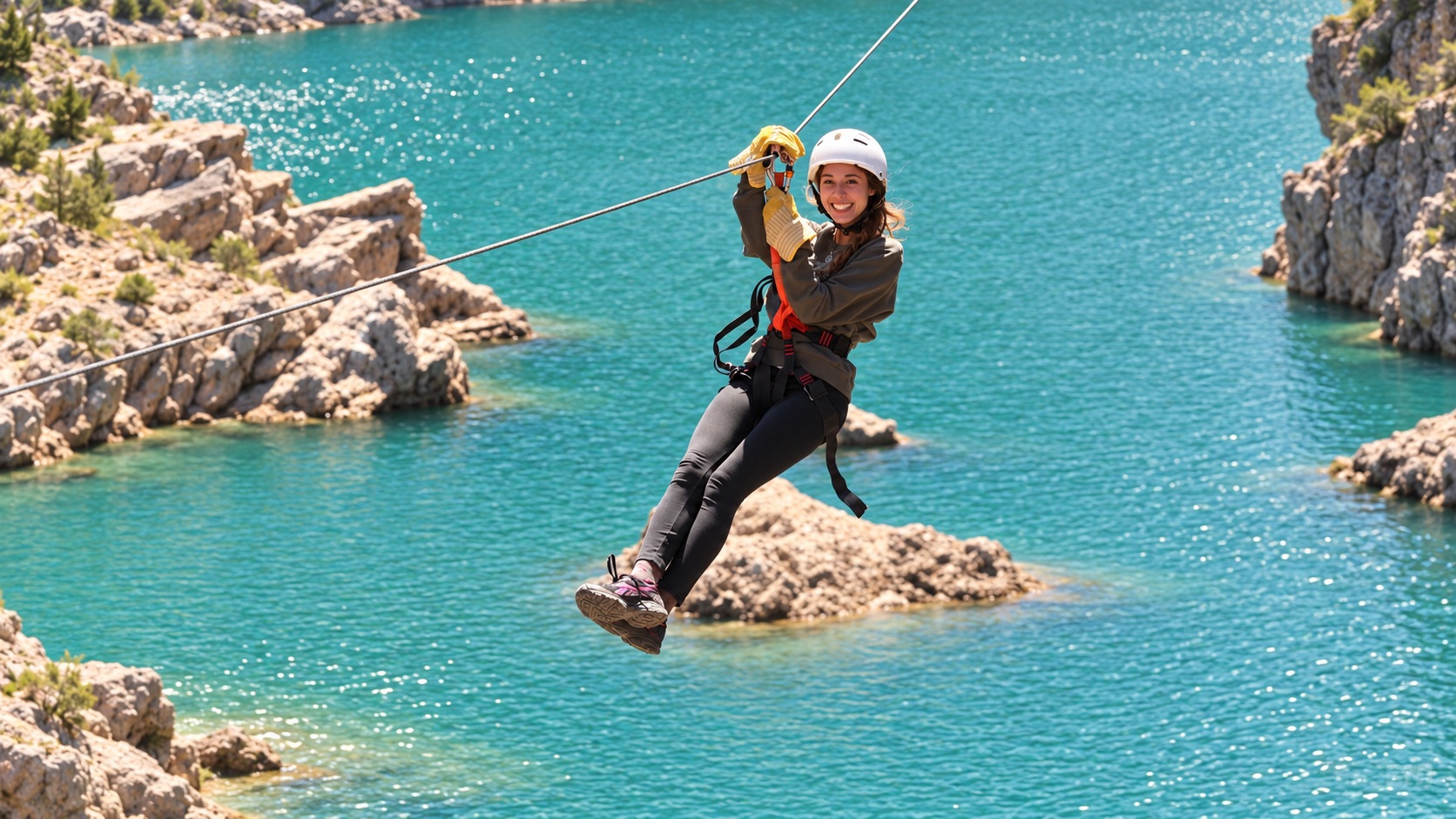 Aventura en tirolesa sobre aguas turquesas