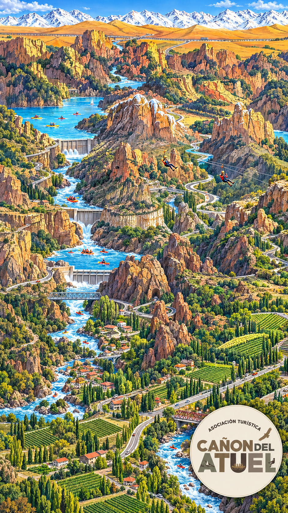 Mapa ilustrado del Cañón del Atuel con río, caminos y actividades turísticas